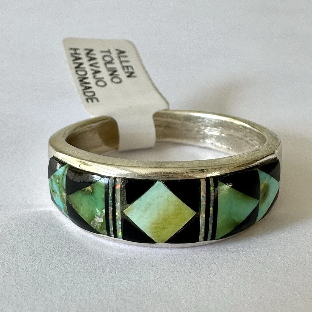 Navajo‎ Turquoise Wedding Band Inlay Opal Multi Ring Sz 12.5 9mm Mens Tolino